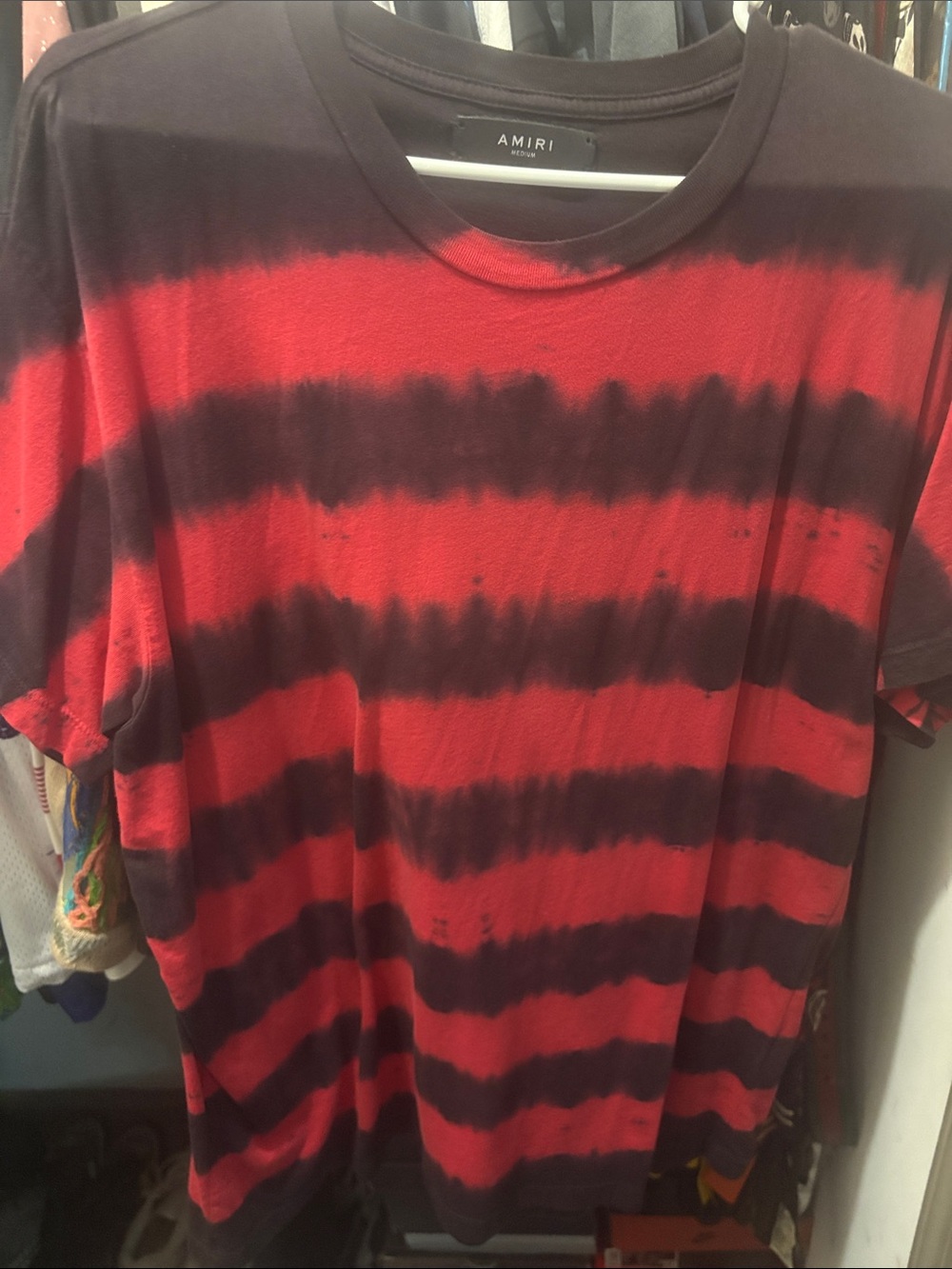 AMIRI Red and Black Horizontal Tie-Dye Short Sleeve Tee